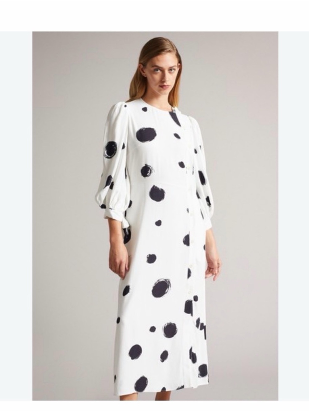 Ted Baker Elizza Polka Dot Midi Dress White Black Puff Sleeve Button Front US 4